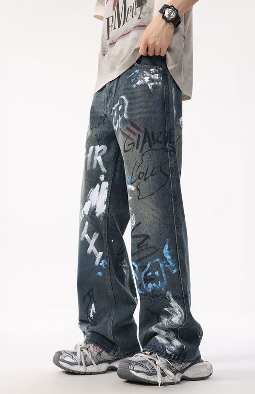Japanese Brand Street wide-leg men's loose straight graffiti baggy jeans Size US 32 / EU 48 - 2 Thumbnail