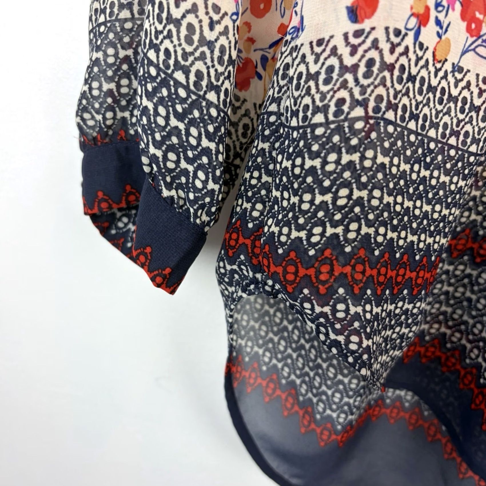 Vintage Daniel Rainn Boho Floral V-Neck Blouse, Small, Navy, Oversized, Sheer, Cotton, Button Top, Bohemian, Relaxed, Spring, Summer, Fall, Size S / US 4 / IT 40 - 3 Thumbnail