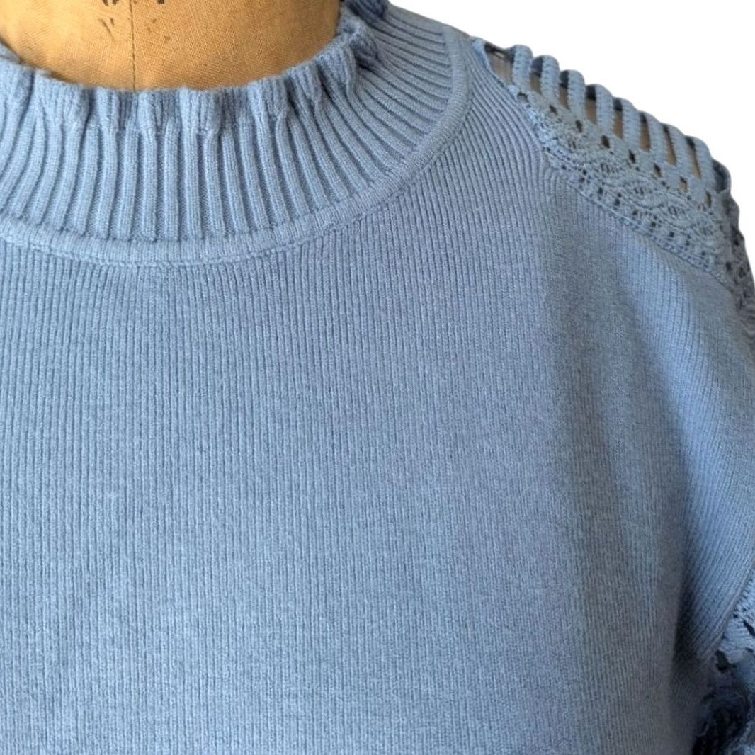 Vintage Sioni Light Blue Mock Neck Sweater Sz M Women Shirt Pullover Balloon Sleeve Crochet Mixed Media Blue 90s? Size M / US 6-8 / IT 42-44 - 5 Thumbnail
