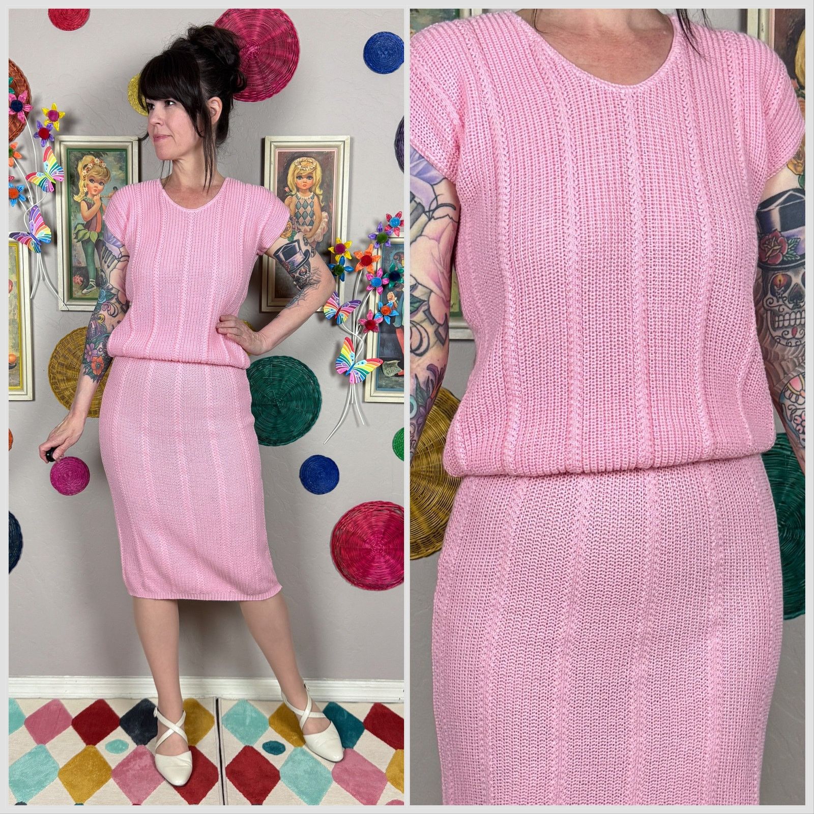Vintage 1970s Pink Knit Matching Sweater & Skirt 2-Piece Set