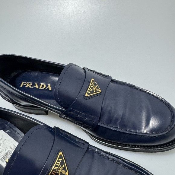 Prada Prada Brushed Leather Triangle Logo Loafers Blue Gold Men’s Size US 9 / EU 42 - 6 Thumbnail