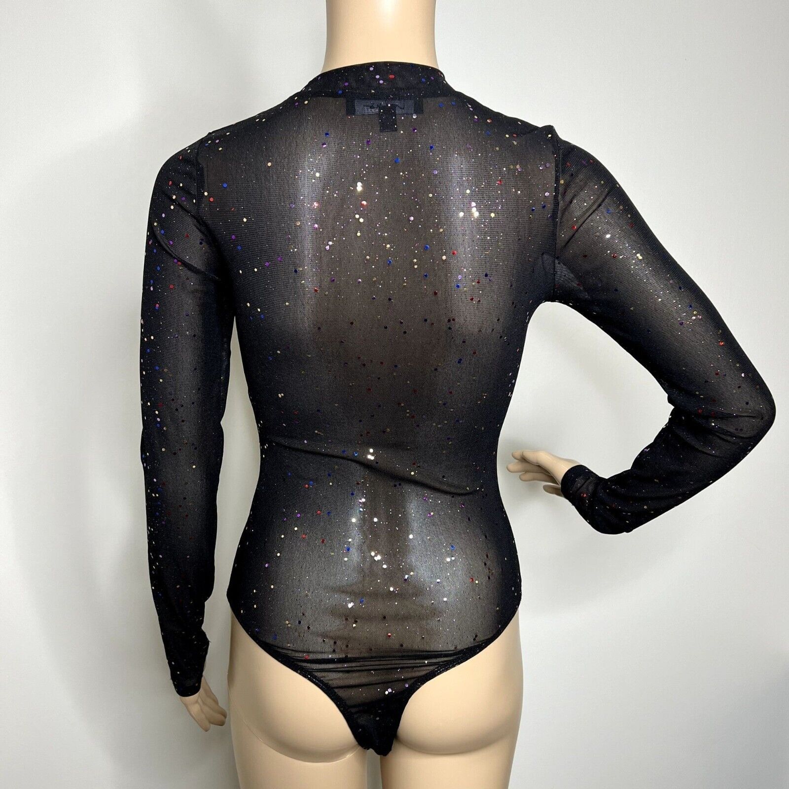Other Lulus Black Sequined Long Sleeve Mesh Bodysuit Size XS / US 0-2 / IT 36-38 - 3 Thumbnail