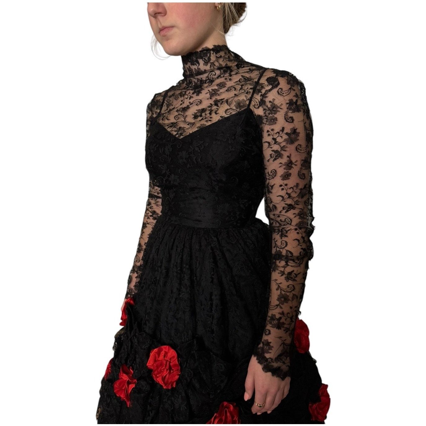 Vintage Vtg An original by DUSAUZAY black Lace Red Roses dress Size XS / US 0-2 / IT 36-38 - 3 Thumbnail