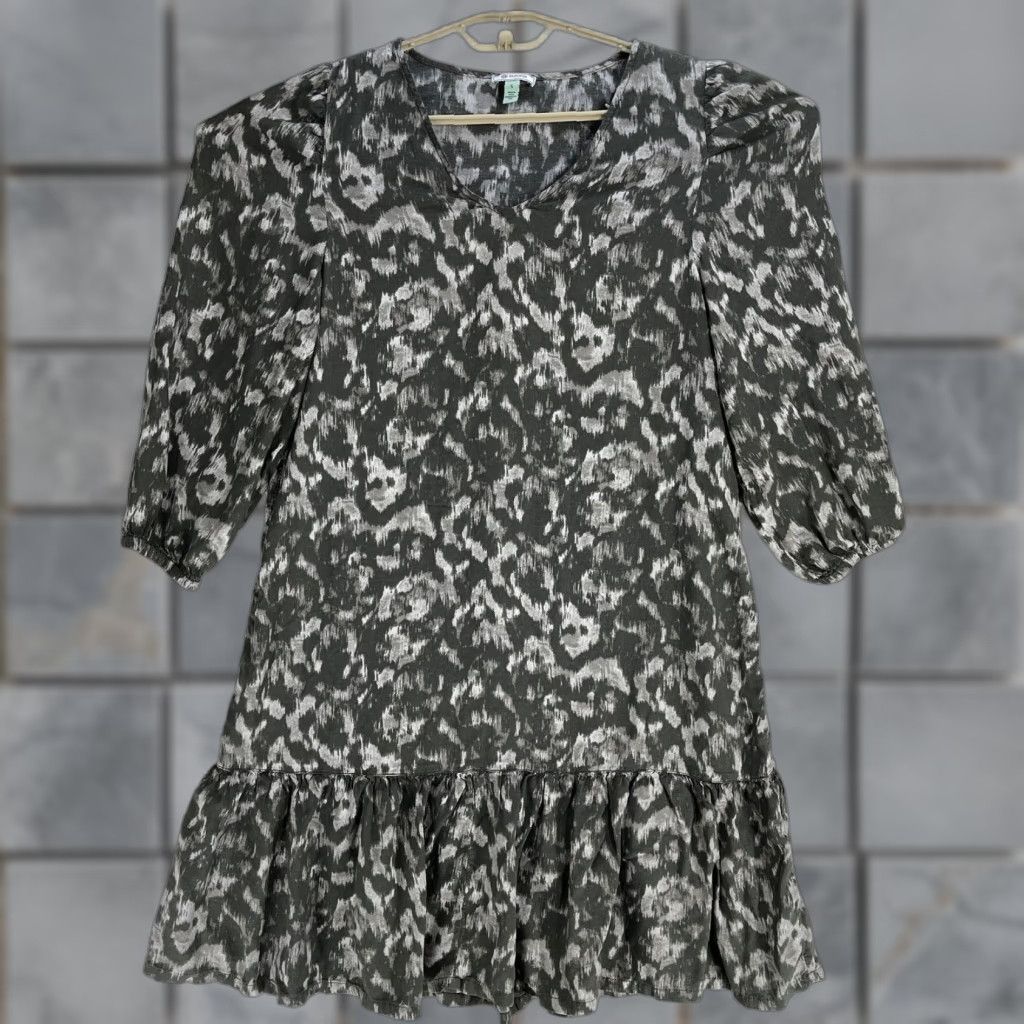Vintage Susina Dress S Gray Puff Sleeve Lightweight Peplum Ruffled Hem Office A-Line Long Sleeve Knee Length Bohemian Geometric Women Mens? Size S / US 4 / IT 40 - 1 Thumbnail