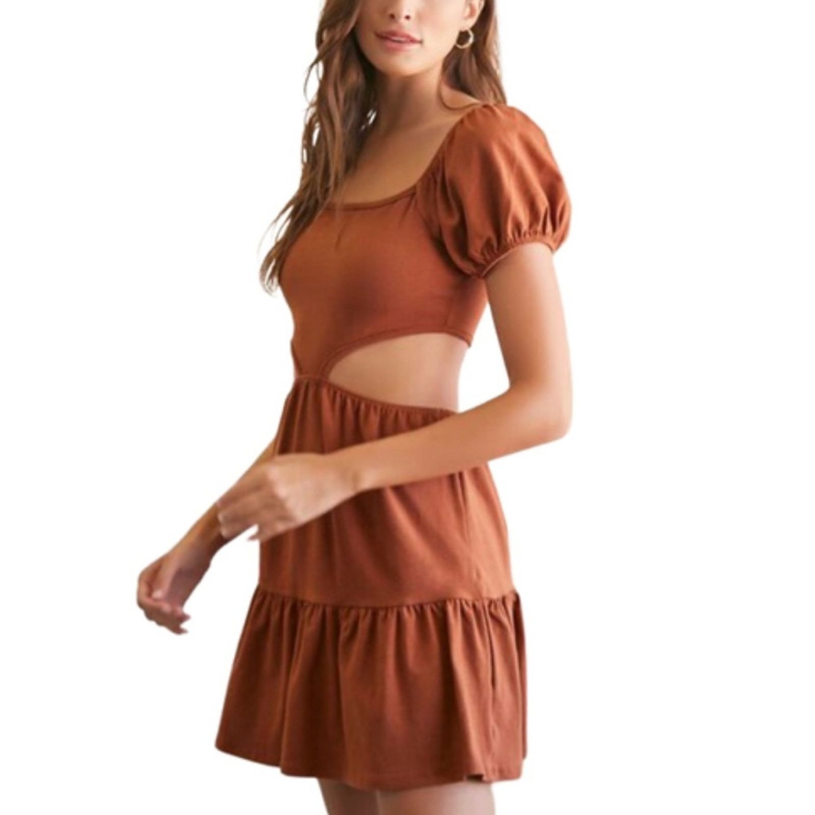 Forever 21 New Forever 21 Women’s Cutout Flounce-Hem Mini Dress Brown Size L / US 10 / IT 46 - 2 Thumbnail