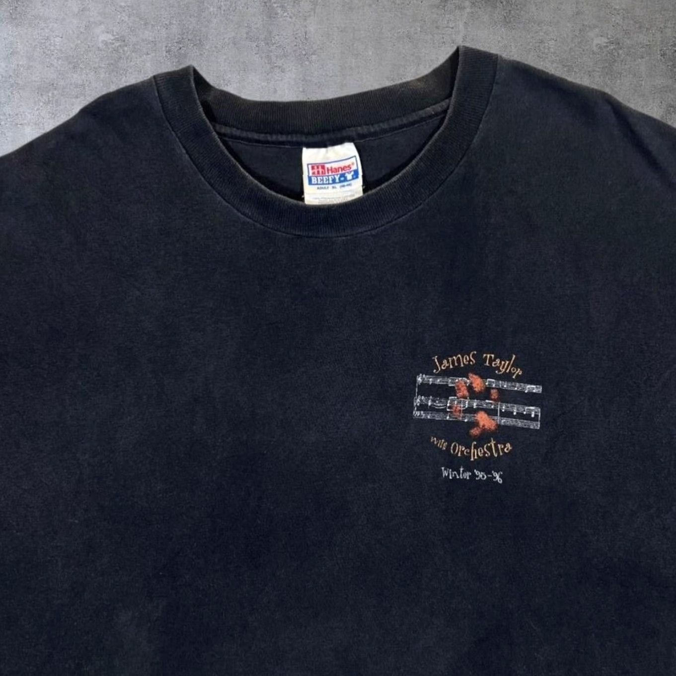 Hanes VINTAGE James Taylor With Orchestra "Winter 95-96" Music Band T-Shirt XL Black Mens Short Sleeve Hanes Single Stitch Graphic Front Back Size US XL / EU 56 / 4 - 3 Thumbnail