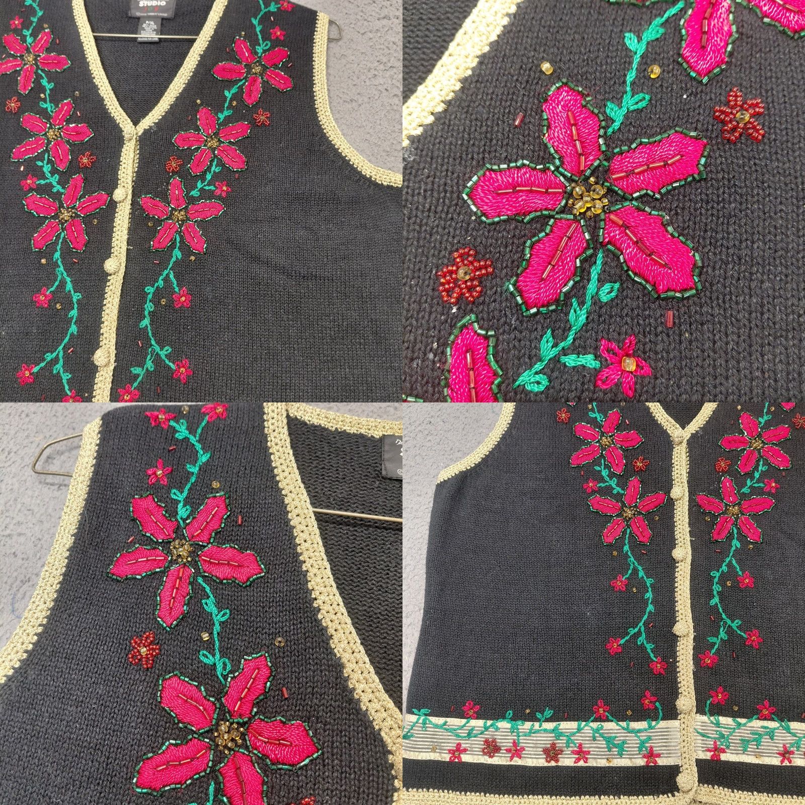 Vintage Vtg Studio Joy Vest Women’s P/XL Embellished Floral Christmas Knit Sleeveless Sweater Vest Size XL / US 12-14 / IT 48-50 - 9 Thumbnail