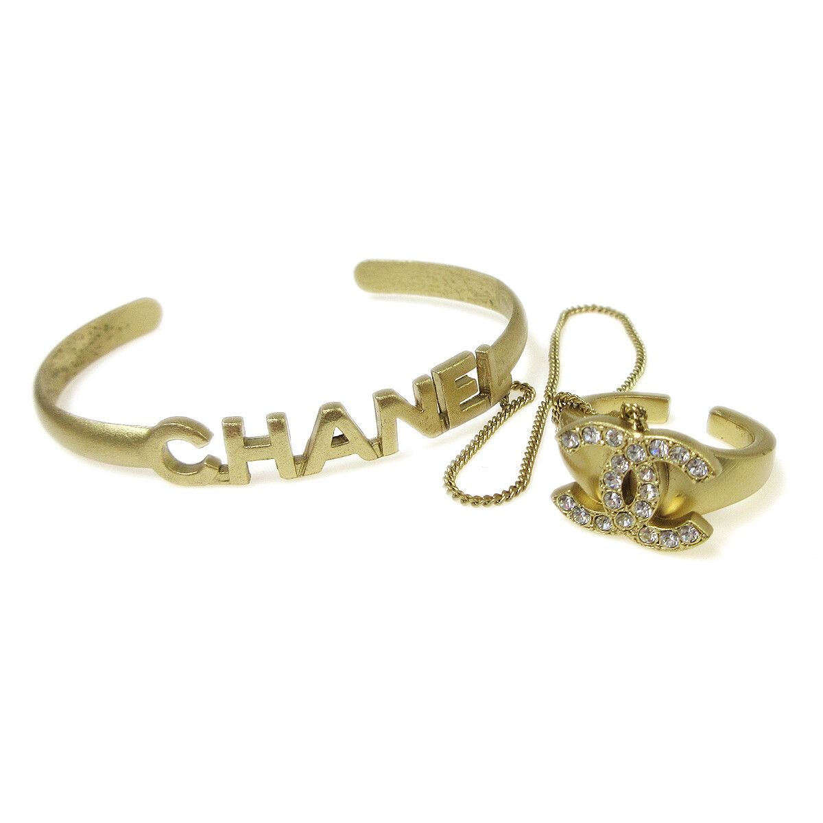 Chanel Chanel Logo Bangle with Chain Attached CC Ring Metal with Crystal Size ONE SIZE - 1 Thumbnail