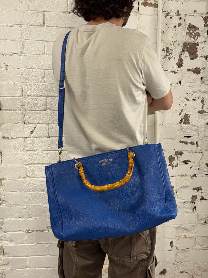 Gucci 2000s Gucci Blue Leather Bamboo Handle Tote Bag Size ONE SIZE - 3 Thumbnail