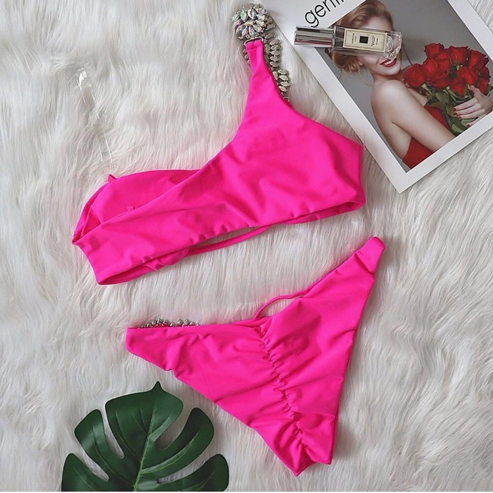 Other New Y2K Pink One-Shoulder 2 piece Swimsuit Bikini size S Size ONE SIZE - 4 Thumbnail