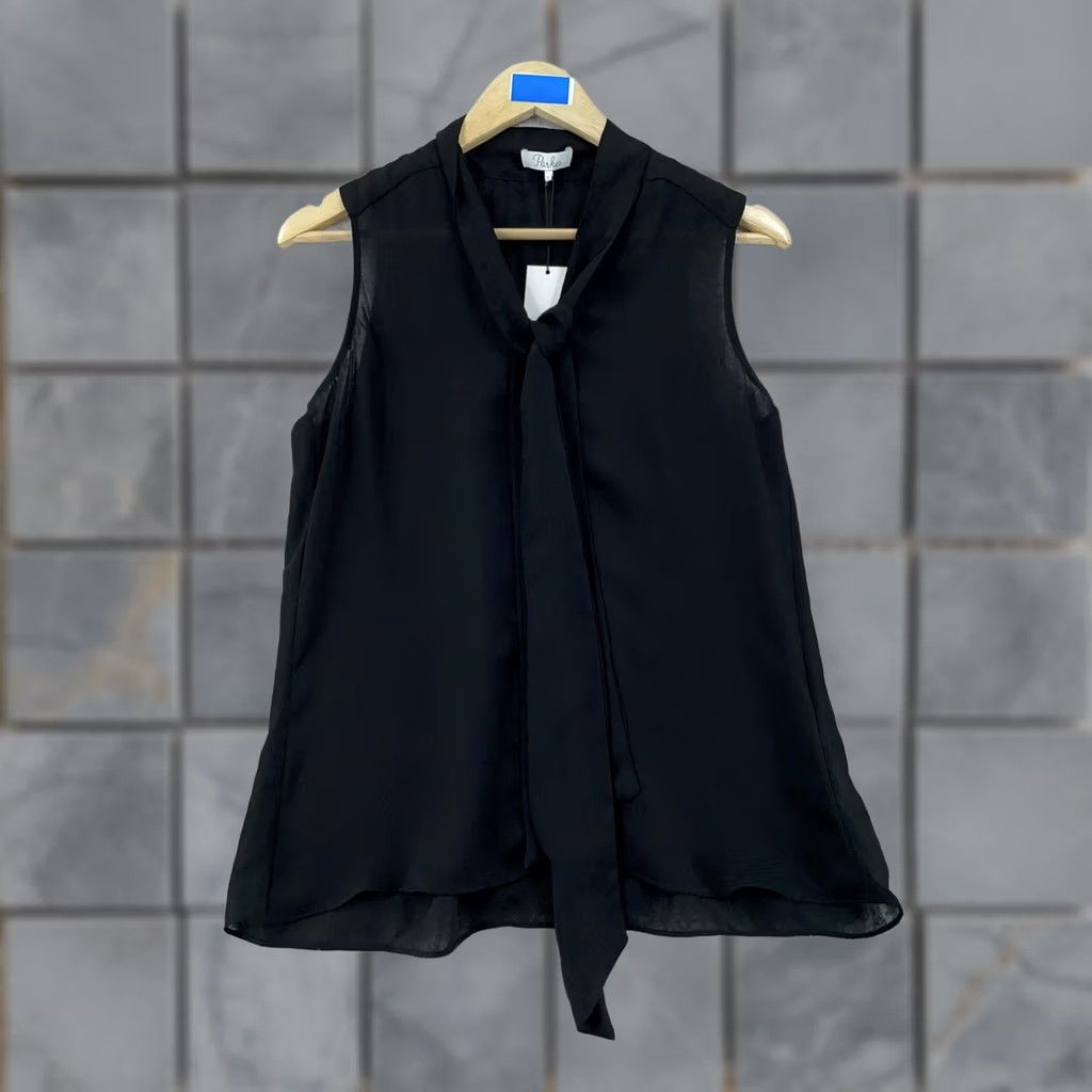 Parker Parker Blouse Top Women's L Black Sleeveless Pleated Back Dressy Tie Neck V-Neck Pullover Casual Travel Size L / US 10 / IT 46 - 1 Thumbnail