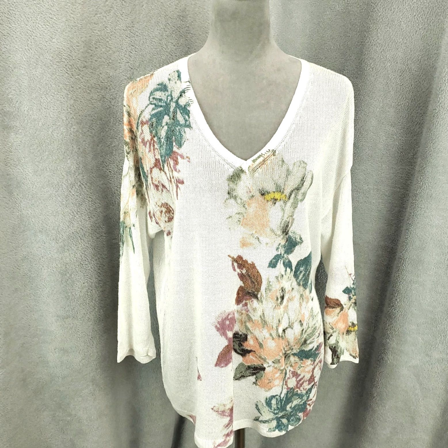 J. Jill J. Jill Linen Top Womens Medium White Floral Knit Sheer Pullover Blouse Tunic Size M / US 6-8 / IT 42-44 - 2 Thumbnail