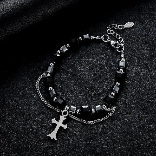 Jewelry Black Beaded Cross Charm Men's Bracelet Size ONE SIZE - 7 Thumbnail