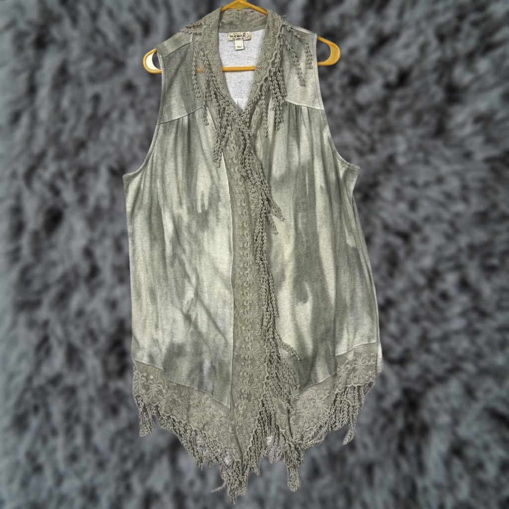 Vintage Boho Duster Kimono Green Lace Fringe Festival Layering Forest Fairy L Women Size L / US 10 / IT 46 - 1 Thumbnail