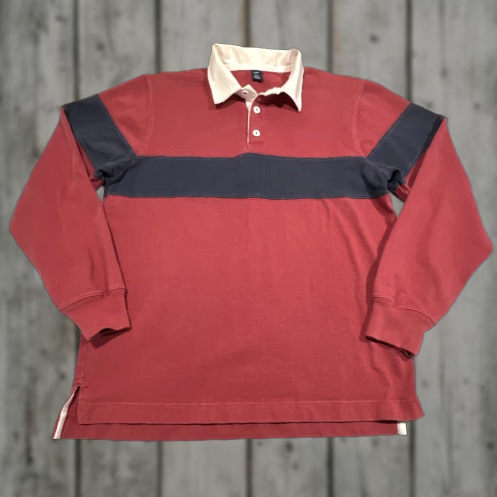 Gap VINTAGE GAP Rugby Shirt Men M Burgundy Navy Stripe Y2K Collar Cotton Size US M / EU 48-50 / 2 - 1 Thumbnail