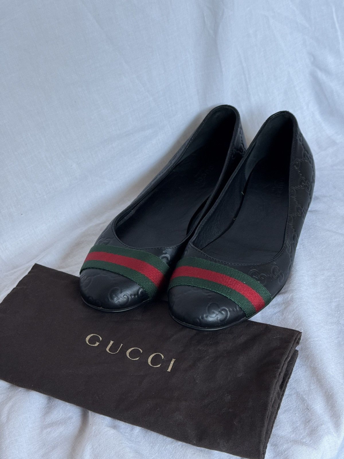 Gucci Gucci Black Leather Monogram Web Ballet Flats Size US 8 / IT 38 - 1 Thumbnail