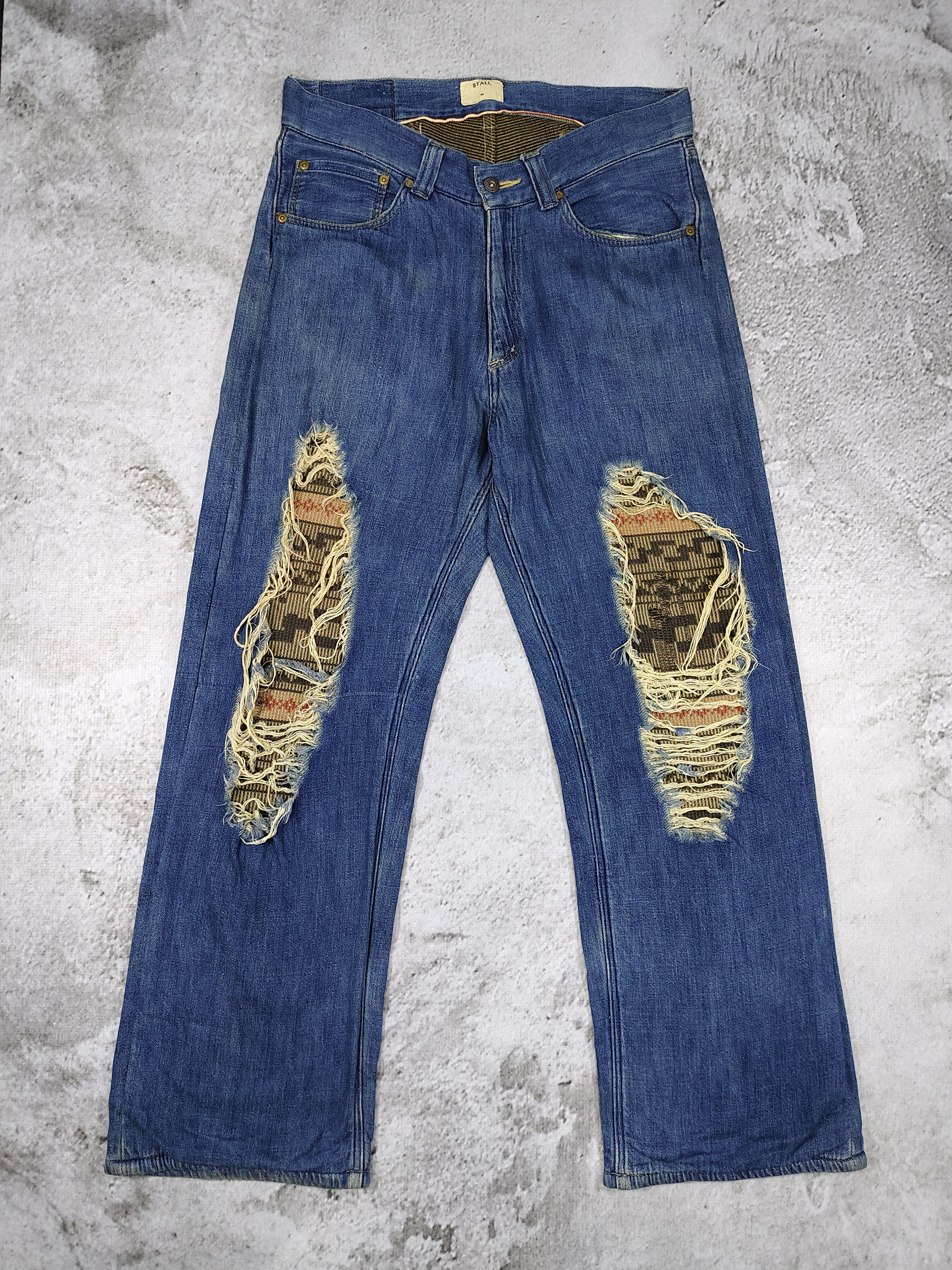 Japanese Brand STALL🇯🇵 Tribal Woven Layer Distressed Selvedge Denim Jeans Size US 34 / EU 50 - 1 Thumbnail