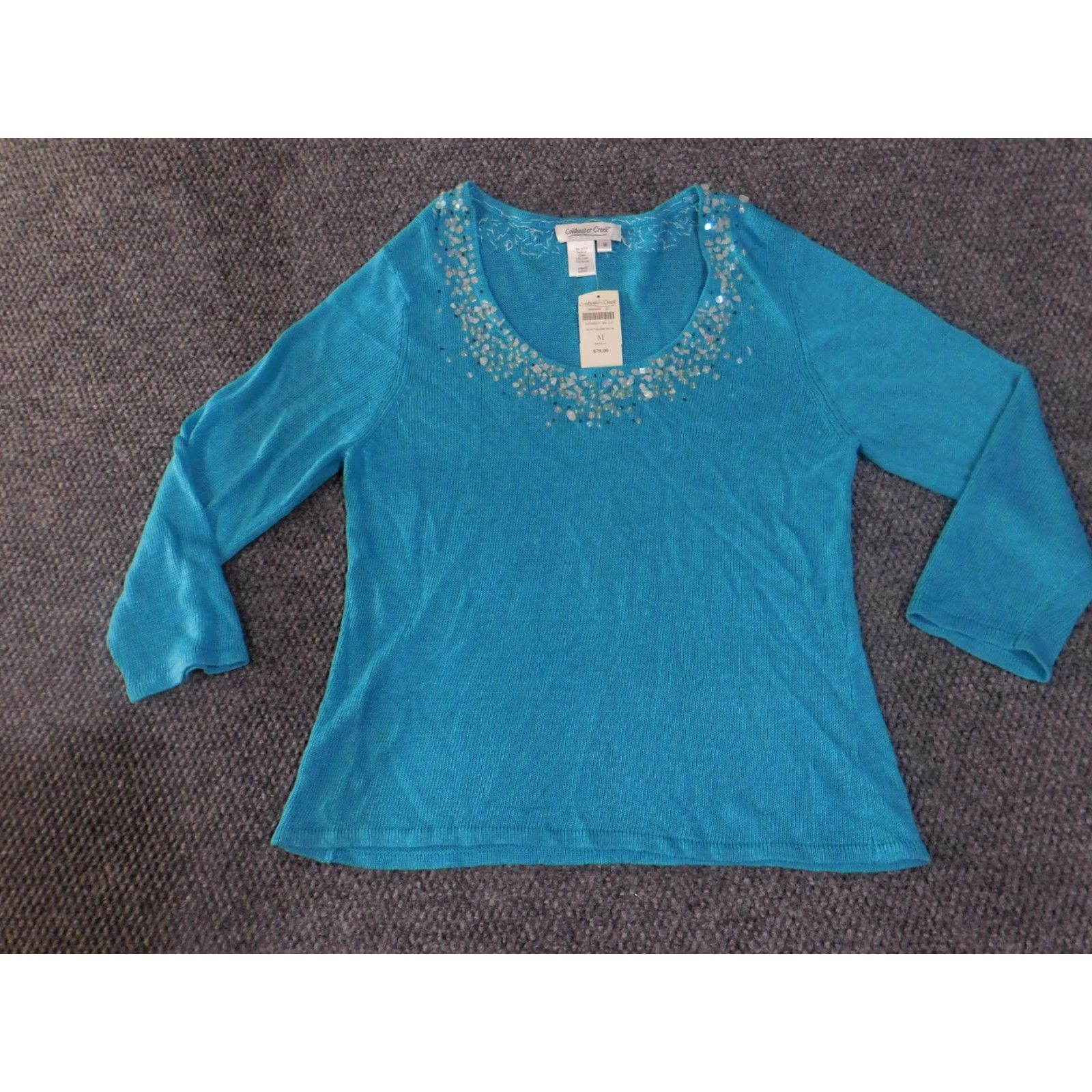 Coldwater Creek Coldwater Creek Sweater Womens Medium Teal Beaded Neck 3/4 Sleeve Linen Rayon Scoop Neck Pullover Knit Size M / US 6-8 / IT 42-44 - 3 Thumbnail