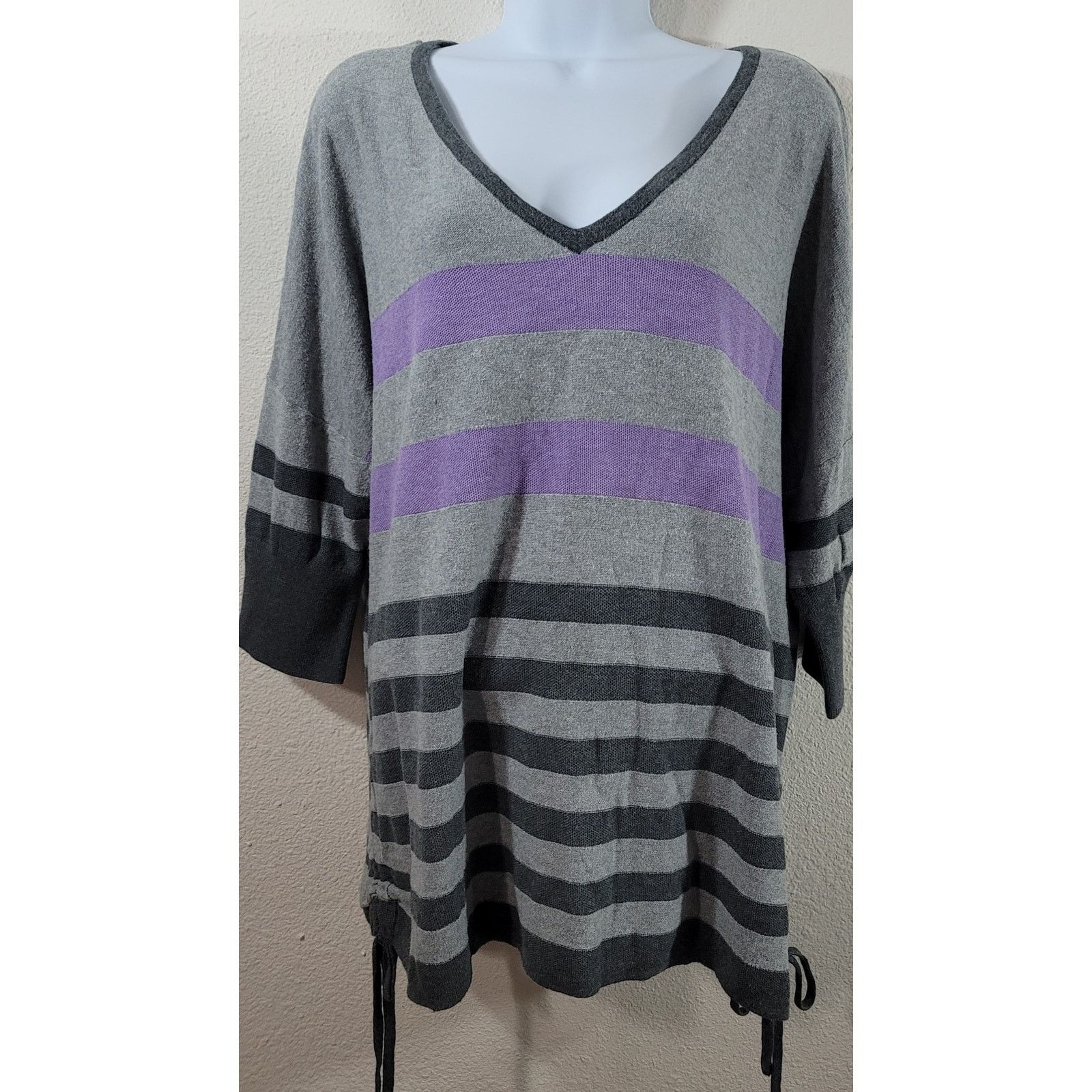 Other Gray Purple Striped V Neck Sweater Top XL Stretchy Side Ties Size XL / US 12-14 / IT 48-50 - 1 Thumbnail