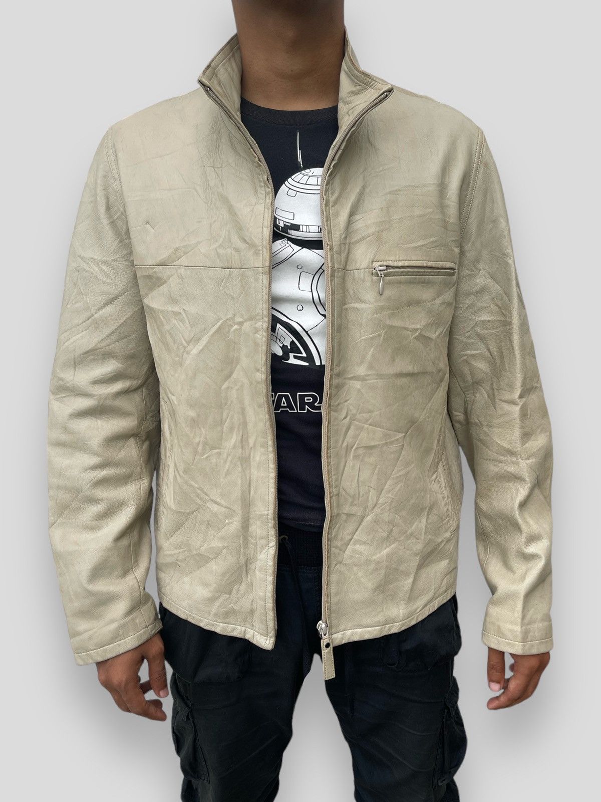 image of Balmain Paris Sheepskin Leather Jacket in Cream, Men's (Size Medium)