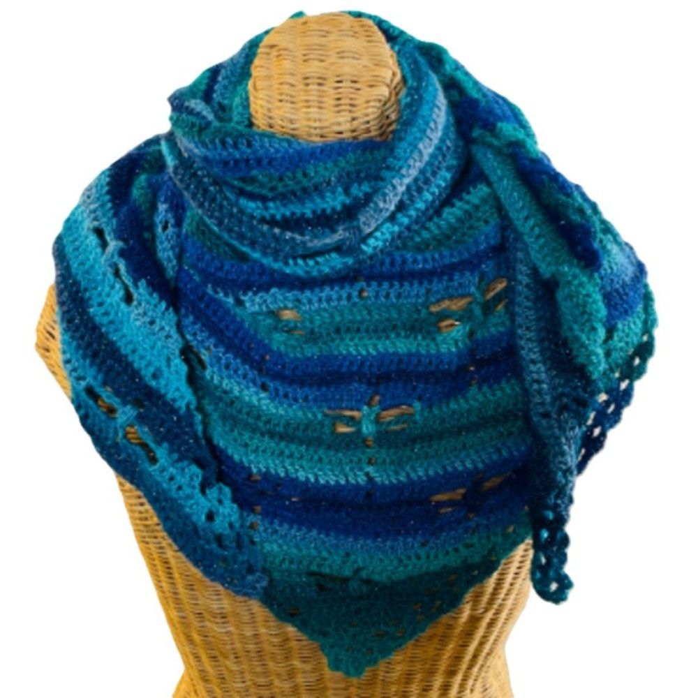 Handmade Crochet Shawl Cowl Wrap Dragonfly Cut Outs Blue Green 68" x Size ONE SIZE - 3 Thumbnail