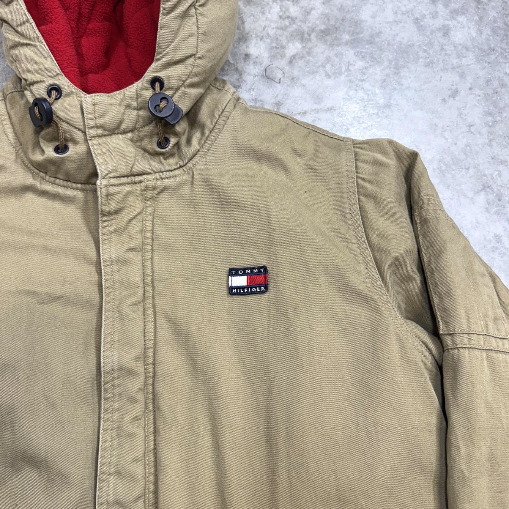 Tommy Hilfiger VINTAGE Tommy Hilfiger Coat Mens Large Beige Canvas Hooded Fleece Parka 90s Size US L / EU 52-54 / 3 - 2 Thumbnail