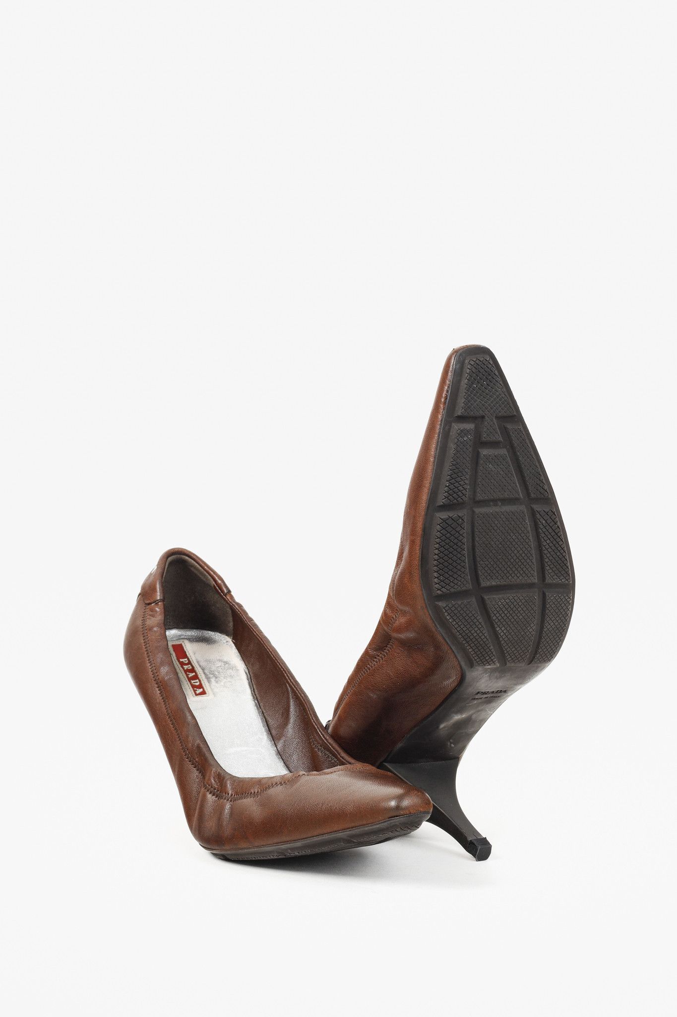 Prada Prada Brown Leather Scrunch Pointed Toe Pumps Size US 7.5 / IT 37.5 - 4 Thumbnail