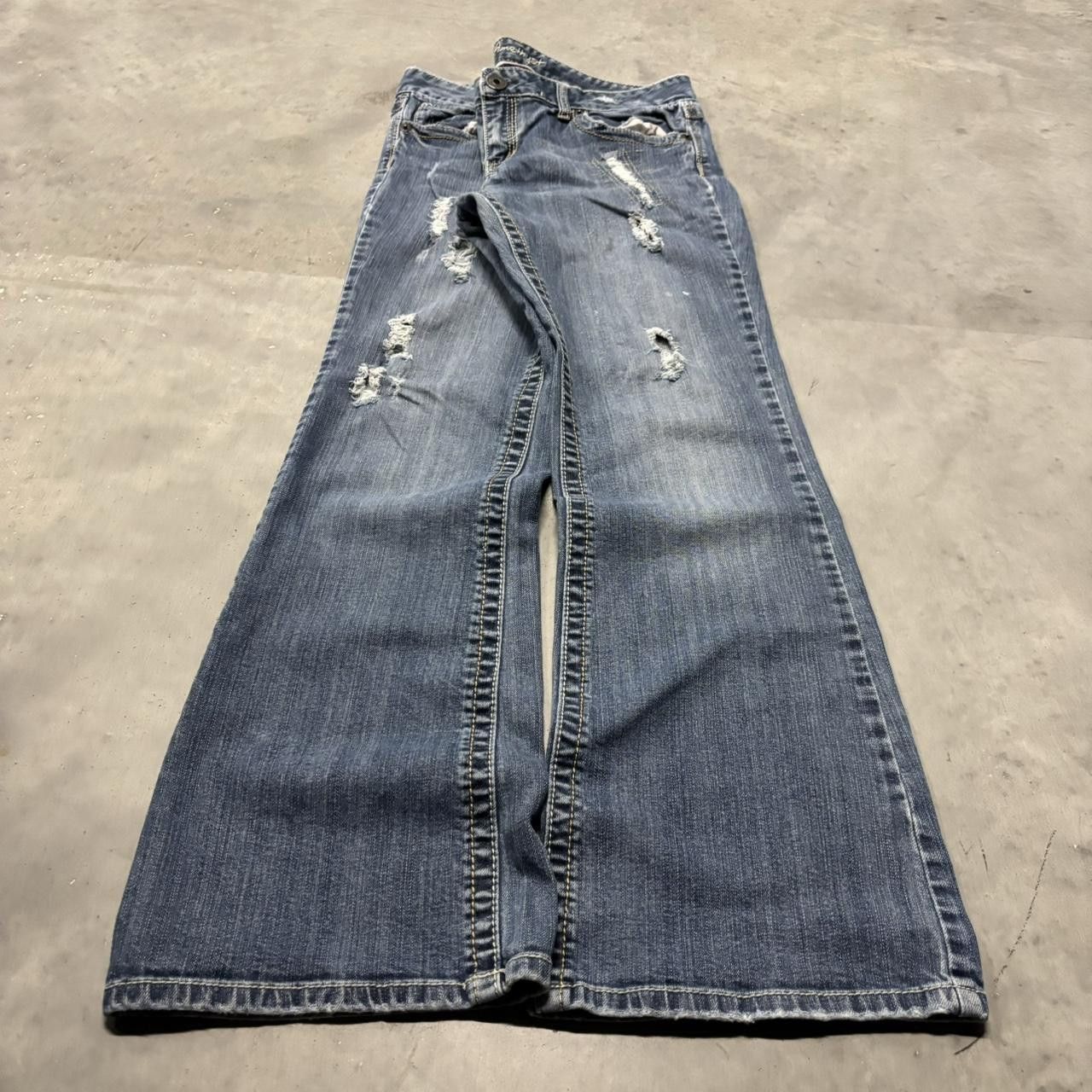 Japanese Brand × Vintage Crazy Vintage Y2K/2000s Grunge Medium Wash Distressed Flared Denim Jeans! Size US 34 / EU 50 - 3 Thumbnail