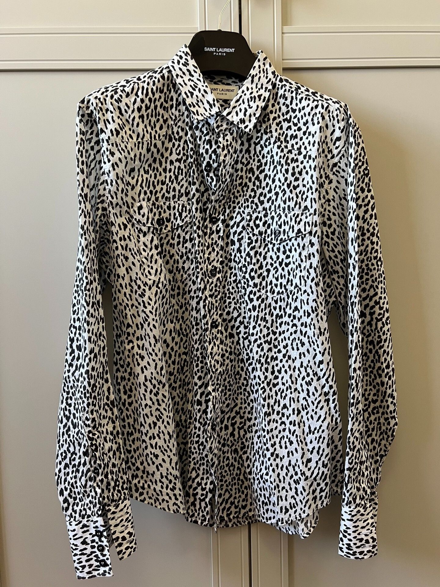 Saint Laurent Paris Saint Laurent White Leopard Print Shirt Size US M / EU 48-50 / 2 - 1 Thumbnail