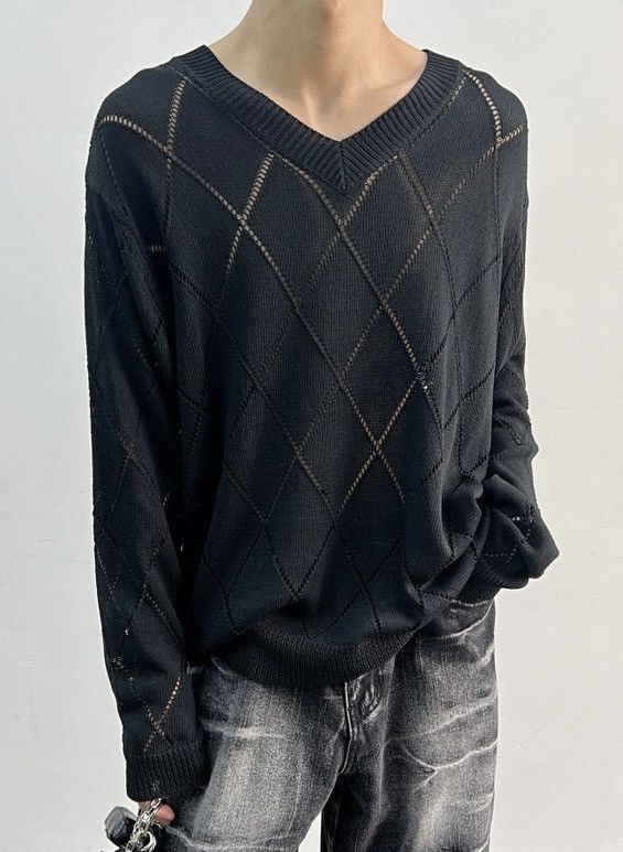 Retro 90s cleanfit v-neck diamond knit shirt long sleeve