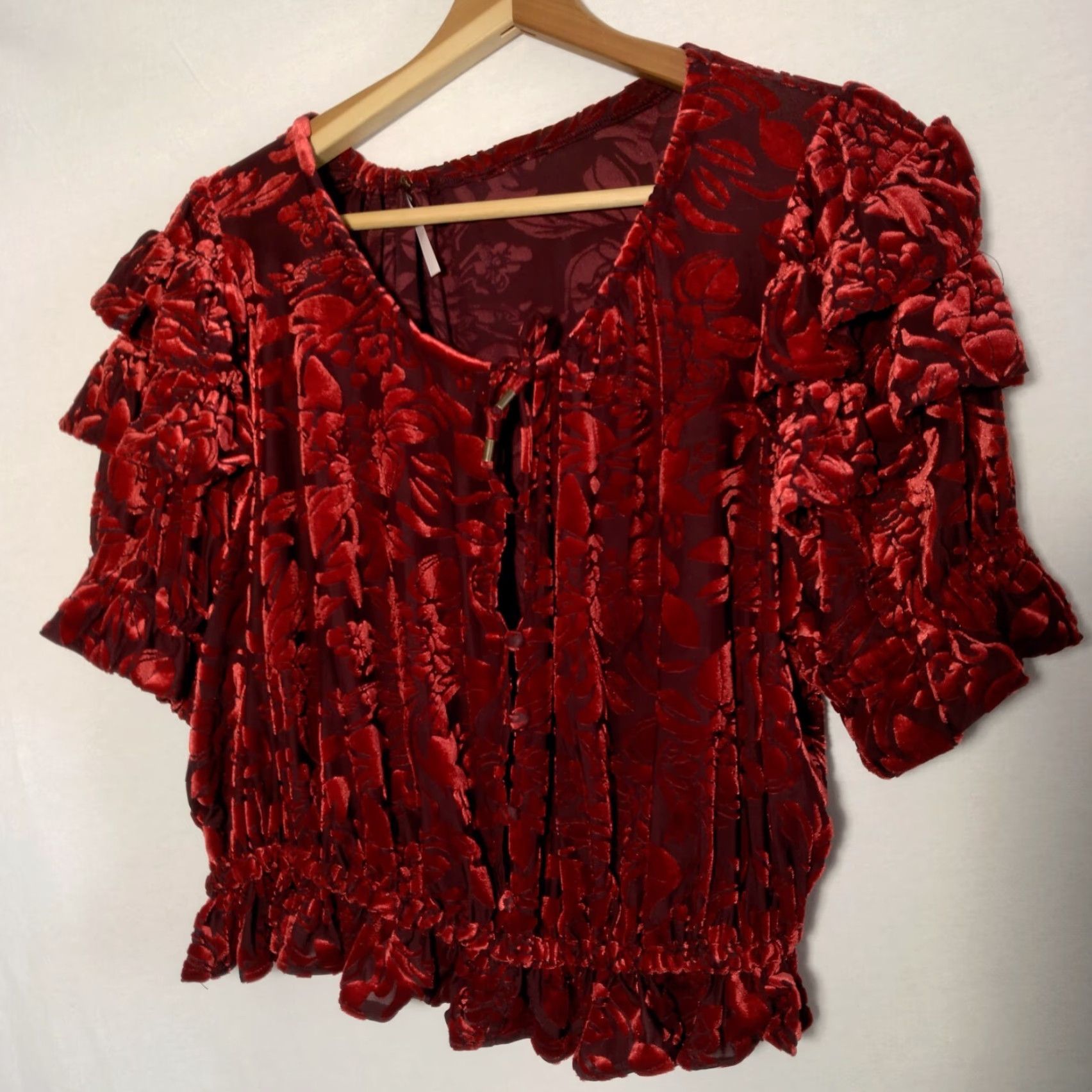 Free People Free People Velveteen Dream Shirt S Red Floral Velour Crop Peasant Ruffle V Neck Size S / US 4 / IT 40 - 2 Thumbnail
