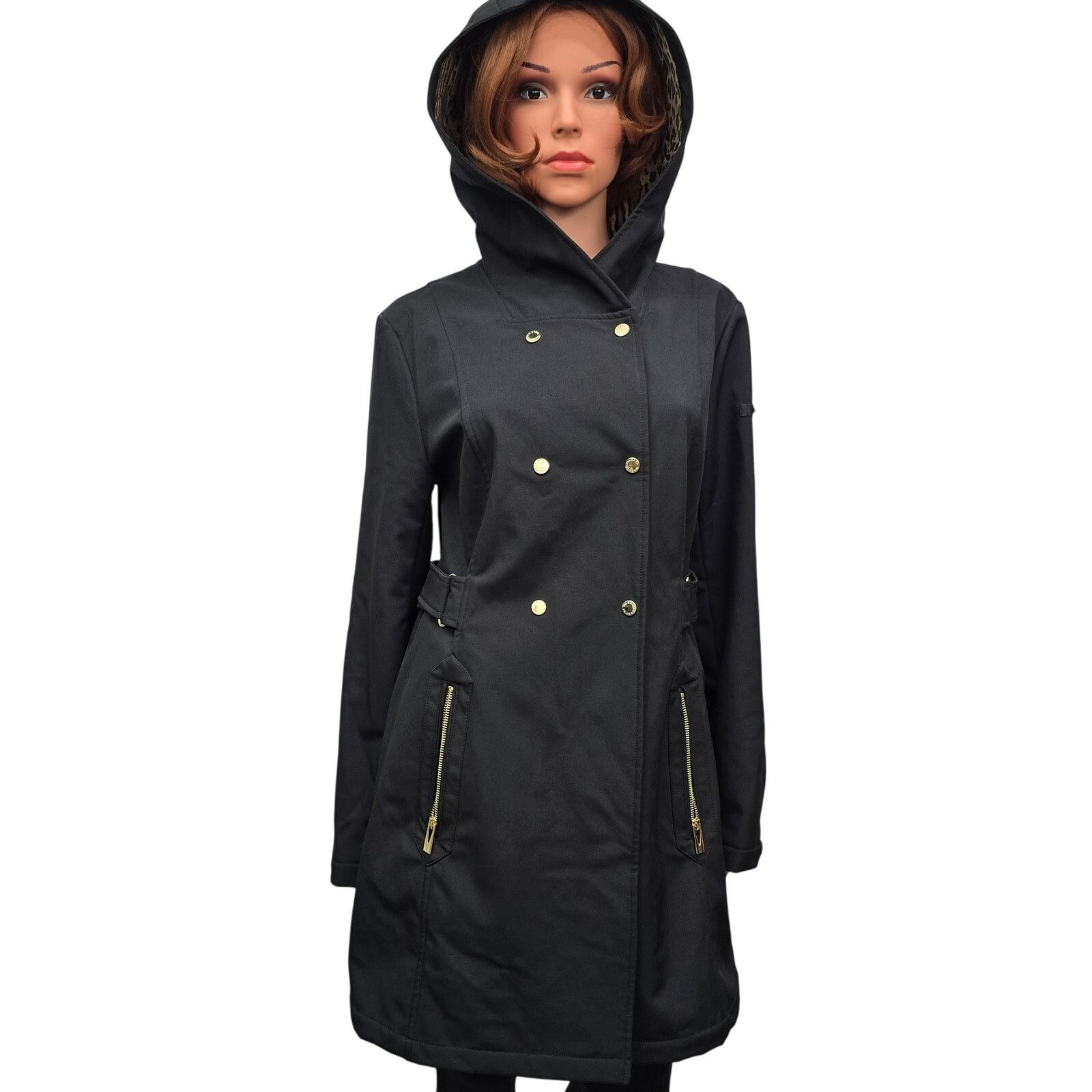 Via Spiga Hooded Trench Coat Animal Print Faux Fur Lining M