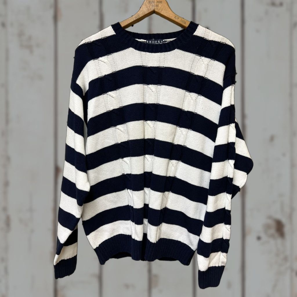 Brooks Brothers VINTAGE Brooks Brothers Cable Knit Pullover Sweater XL White & Blue Stripes Mens Regular Crew Neck Knit Cotton Sailor Theme Size US XL / EU 56 / 4 - 1 Thumbnail