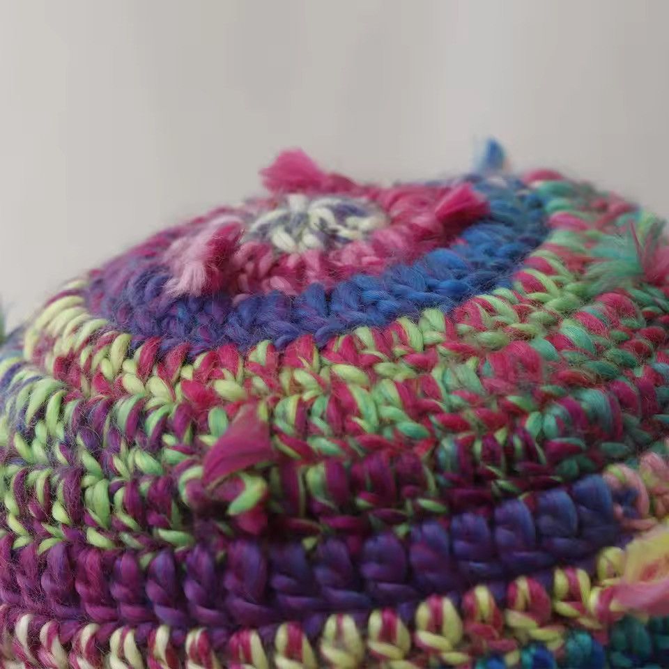 Japanese Brand Retro Color-blocked Striped Woolen Hand-knitted Bucket Hat Size ONE SIZE - 6 Thumbnail