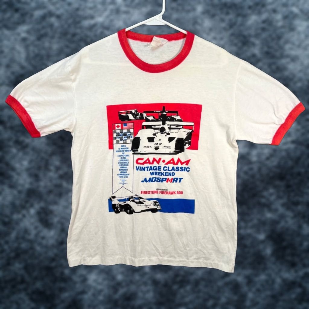 VINTAGE Can-Am Mosport McLaren Ringer T-Shirt Shirt Mens Large White 80s Graphic Print Short Sleeve Crew Neck Cotton Blend 7/10 Spring Summer 80s Mens