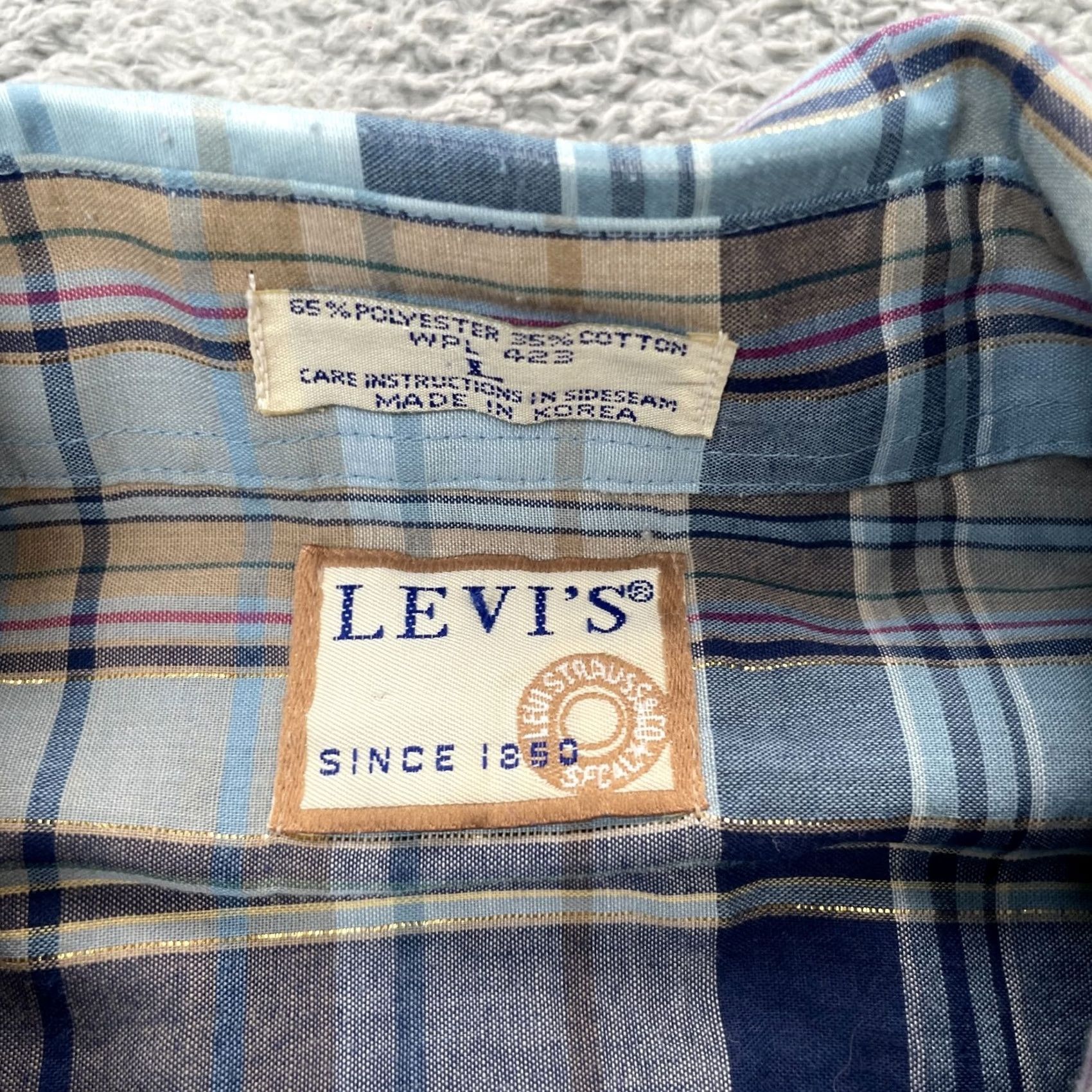 Levi's VINTAGE Levi's Shirt Mens Large Blue Plaid Cotton Pearl Snap Cowboy Western 80s Size US L / EU 52-54 / 3 - 3 Thumbnail