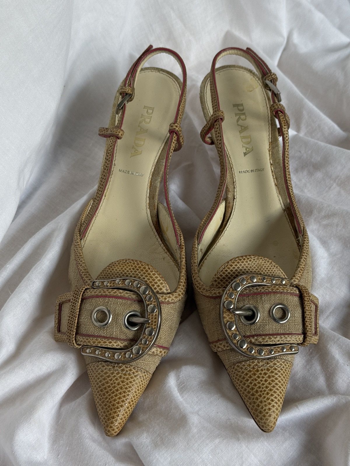 Prada Prada Cloth Beige Buckle Mules Kitten Heels Size US 6.5 / IT 36.5 - 3 Thumbnail