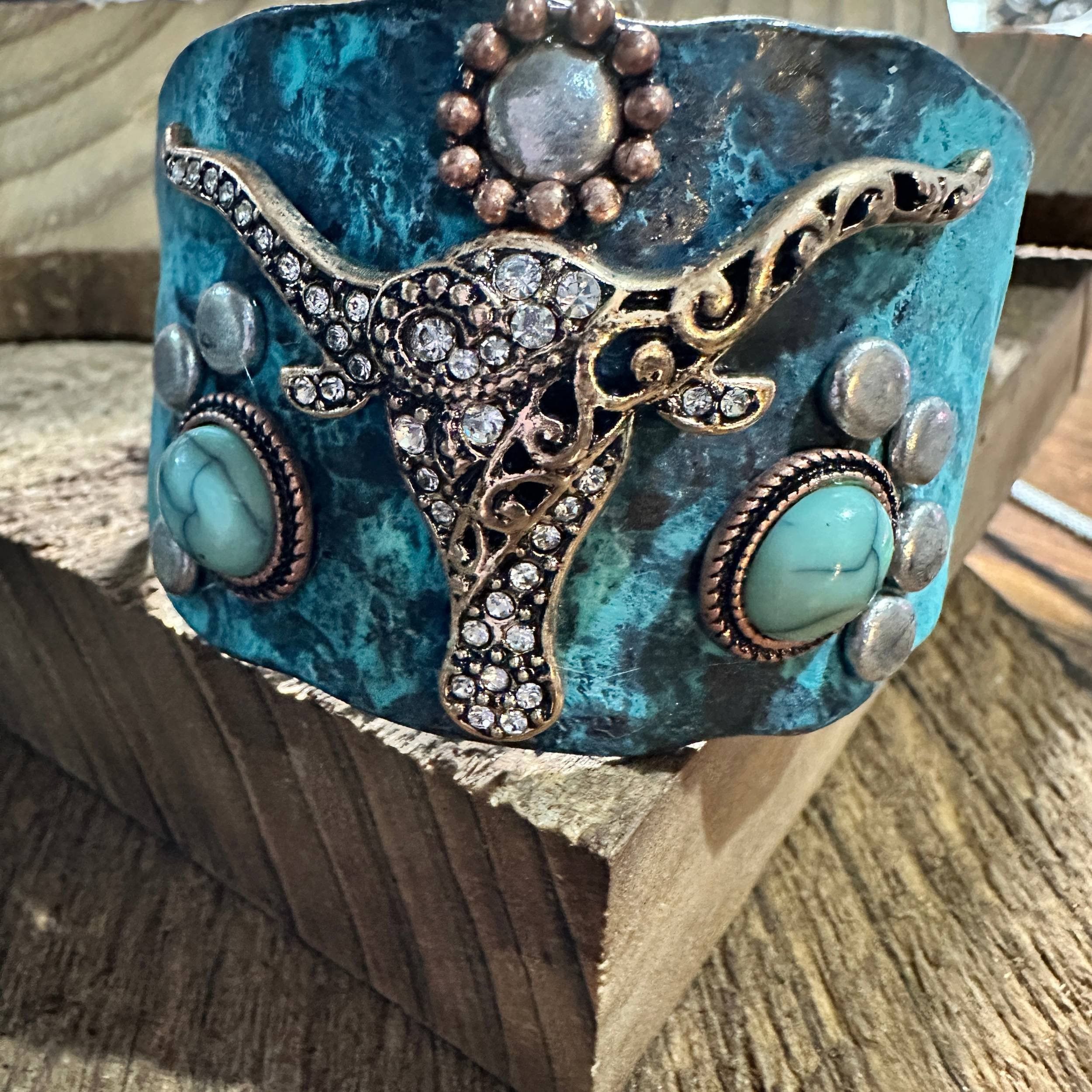 Other Longhorn Turquoise Western Bracelet Cuff with Vintage Patina Size ONE SIZE - 6 Thumbnail
