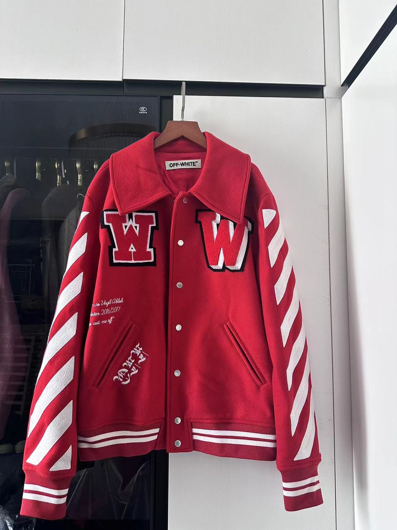 Image of Off White OG Varsity Jacket Red And White. Justin Bieber, Men's (Size Medium)