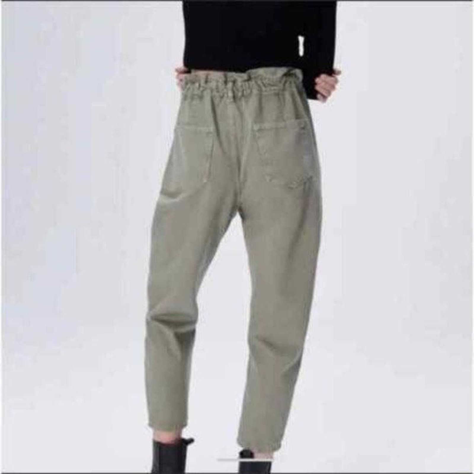 Zara Zara Paper Bag Relaxed Baggy Jeans Pants 29 Khaki Green Size 29" - 4 Thumbnail