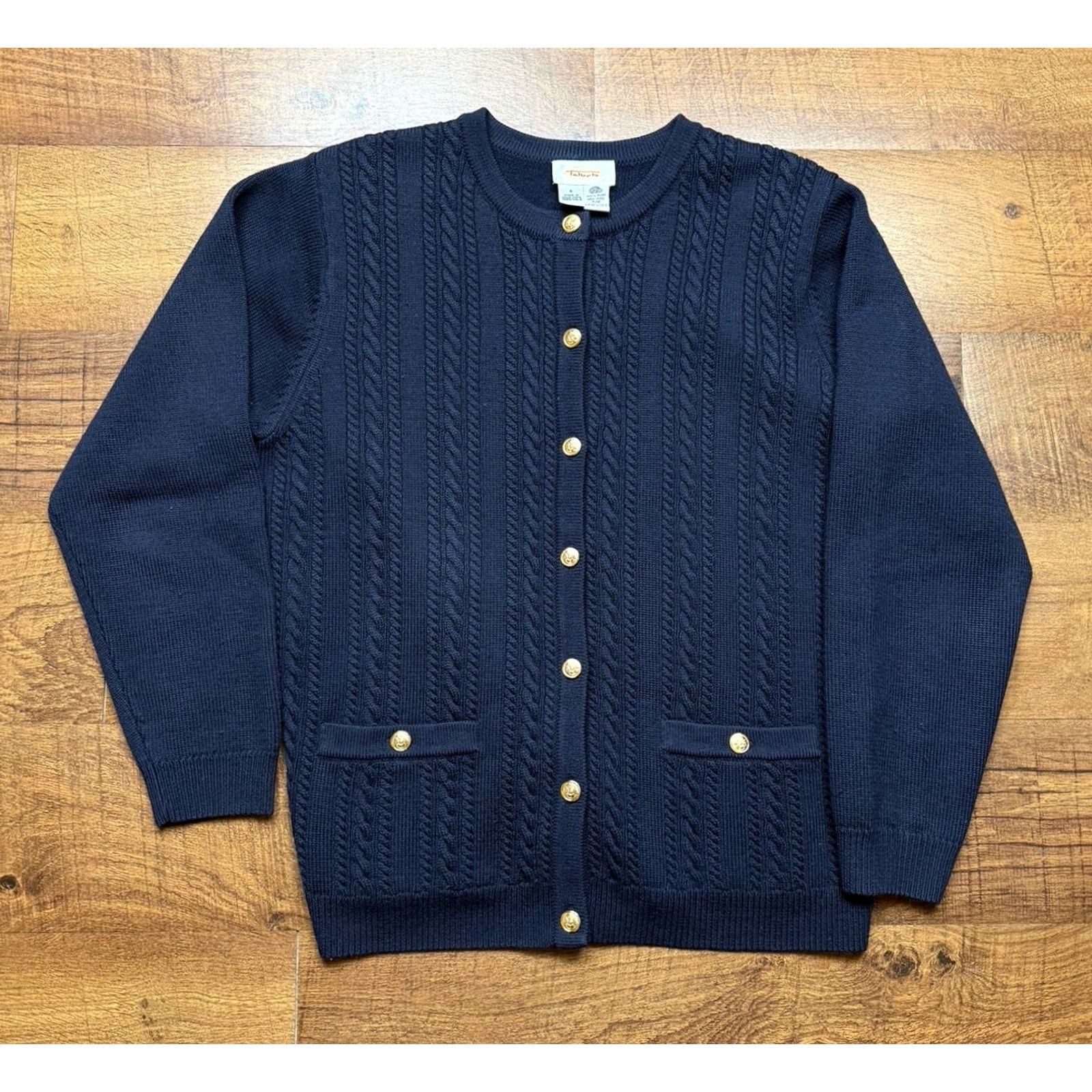 Talbots VINTAGE Talbots Cardigan Sleeve Long Knit 100% Wool Cable Gold Buttons Women Size S Blue Crew Neck Pullover Sweater 90s Classic Preppy Size S / US 4 / IT 40 - 2 Thumbnail