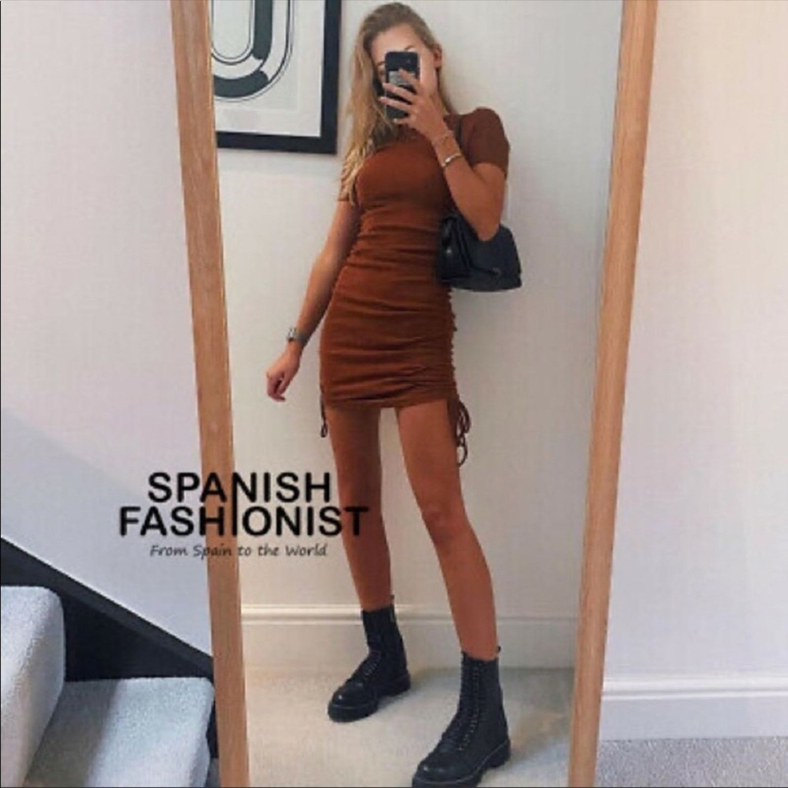 Zara ZARA Ruched Short Ribbed Tee Shirt Tie Mini Dress Rust Brown Size L / US 10 / IT 46 - 5 Thumbnail