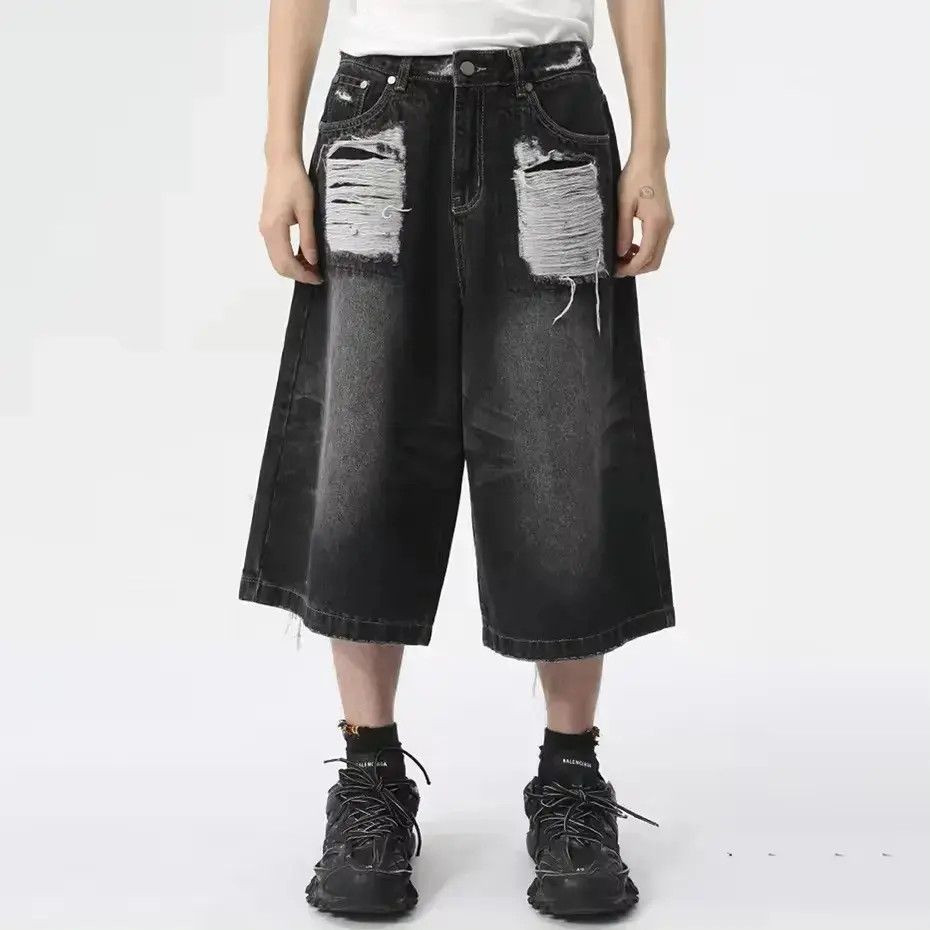 Japanese Brand Baggy Denim Ripped Whiskers Thread Jorts Shorts y2k Size US 32 / EU 48 - 6 Thumbnail