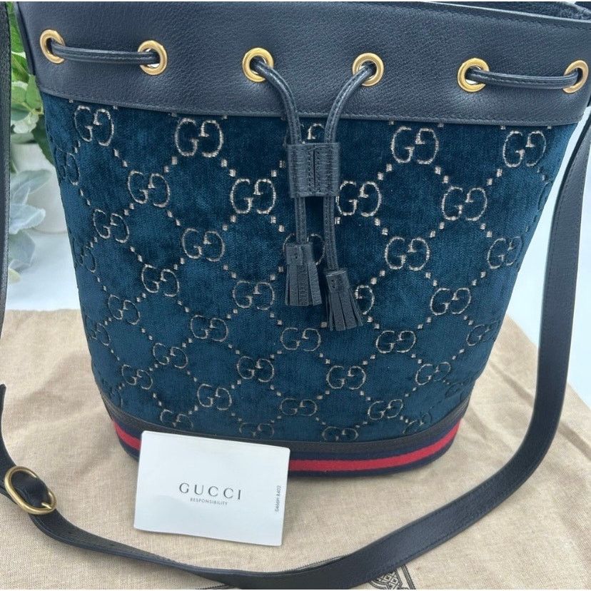 Gucci Gucci OPHIDIA blue velvet bucket bag with leather trim Size ONE SIZE - 4 Thumbnail