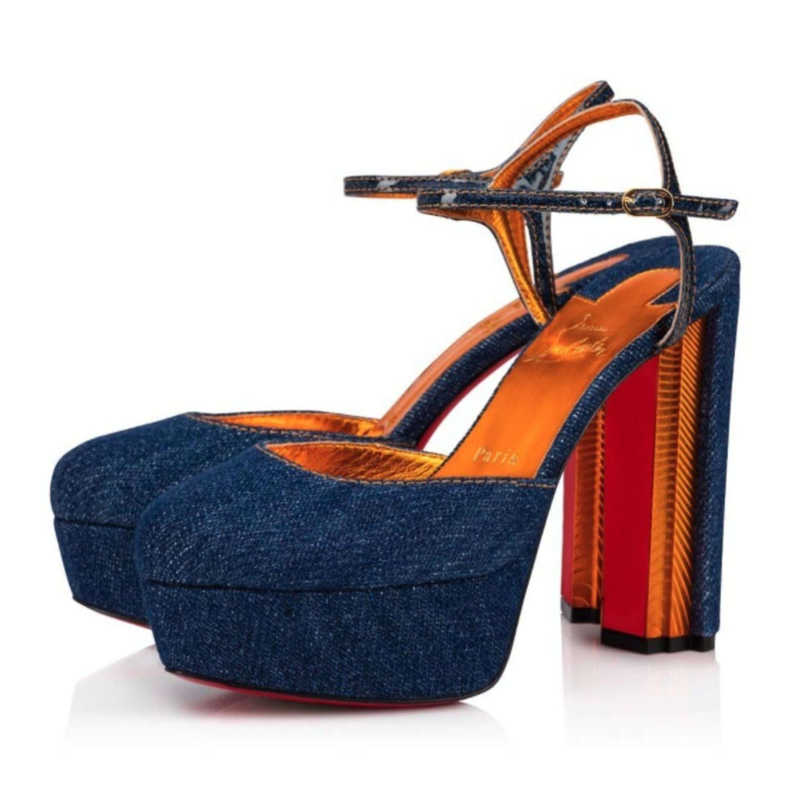 Christian Louboutin Coluna Pump 130 Denim Blue Ankle Strap Platform Heel 37.5 Size US 7.5 / IT 37.5 - 1 Thumbnail