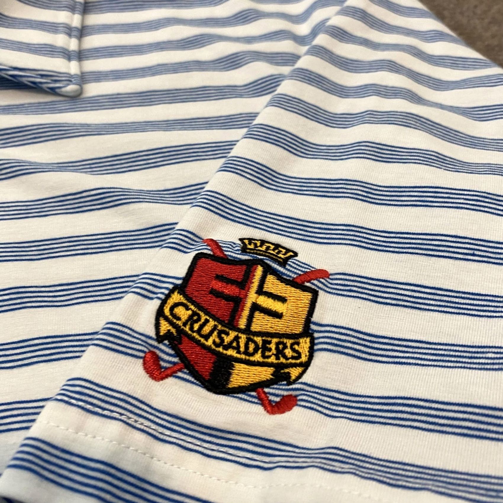 Vintage Criquet Polo Shirt Mens Large Blue Stripe Crusaders Crest Pima Cotton Golf Size US L / EU 52-54 / 3 - 2 Thumbnail