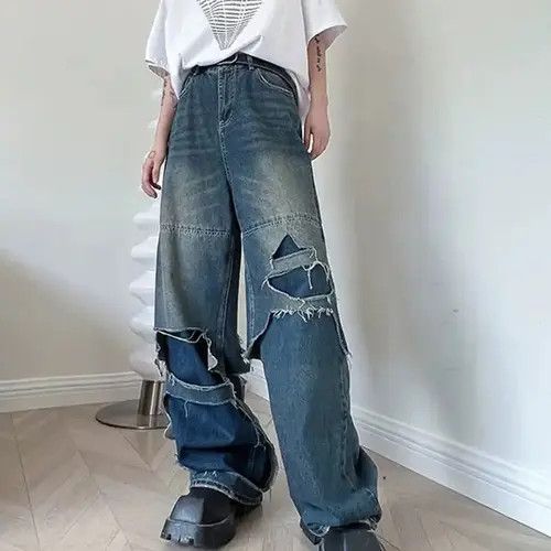 image of Distressed Denim Washed Double Layered Cut Hole Denim Pant in Blue, Men's (Size 29)