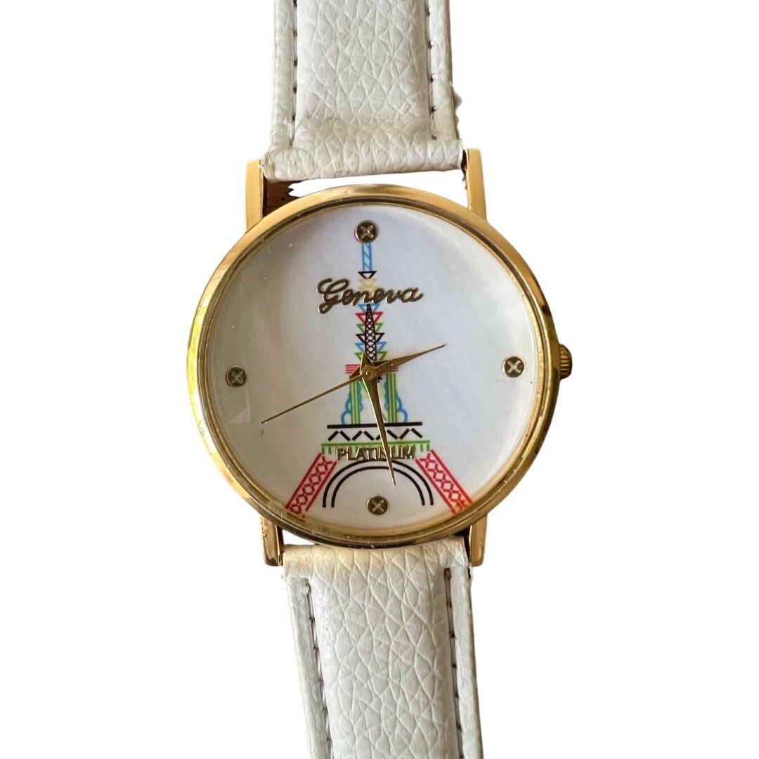Paris Eiffel Tower Pink Gold Tone Quilted Strap Analog Watch in White, Women's