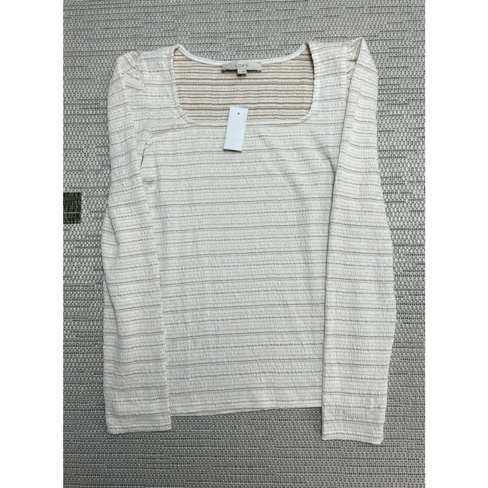 Loft Loft Top Women Medium Beige Stripes Puff Sleeve Square Neck Knit Polyester Rayon Spandex Size M / US 6-8 / IT 42-44 - 2 Thumbnail