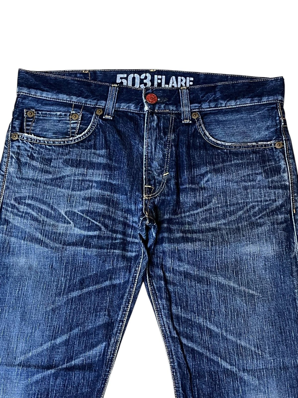 Edwin SICK🔥VINTAGE EDWIN 503 FLARED BLUE TRIP DISTRESSED JEANS Size US 35 - 4 Thumbnail